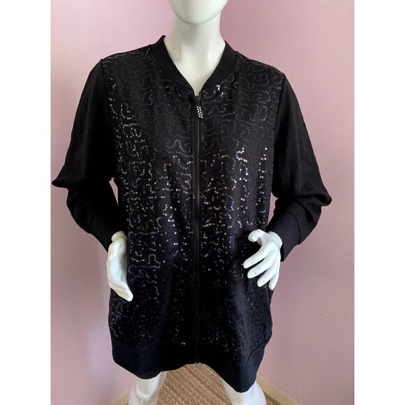 QUACKER FACTORY Sequin Swirl Terry Bomber Jacket-1X Black - Picture 1 of 11